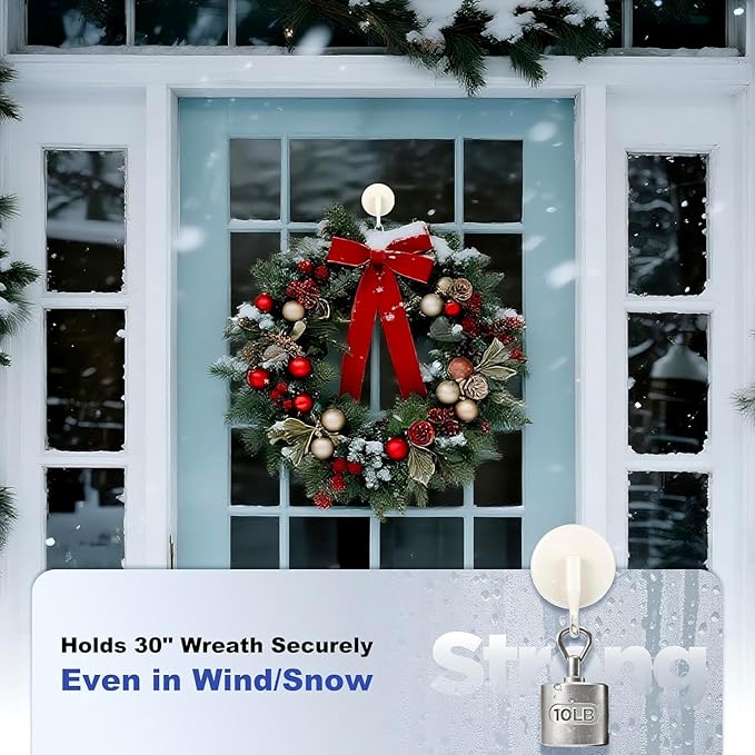 OUTXE Wreath Hanger for Front Door, Upgraded Suction Cup Reef Hook for Glass Window/Over Door, Christmas/Thanksgiving/Halloween/July 4th/Easter/Valentine/Spring/Summer/Fall (White, 4-Pack)