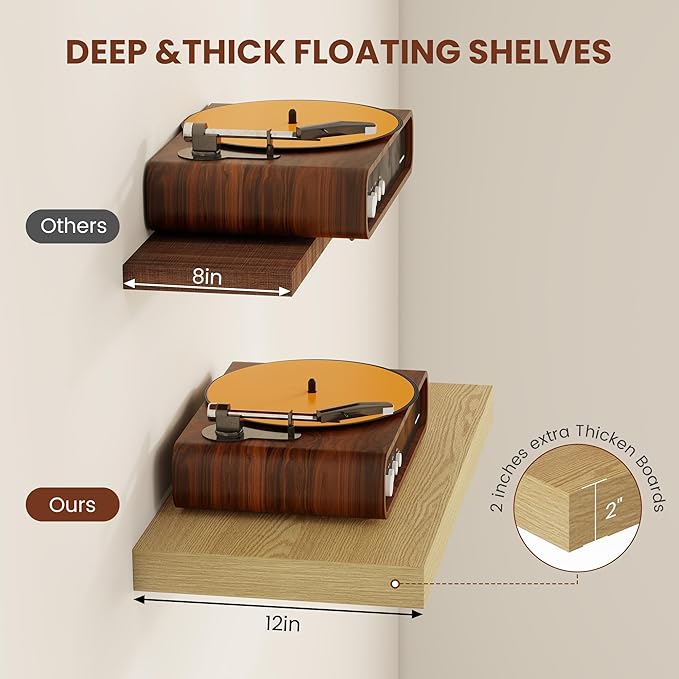 Vivelove 12 Inch Deep Floating Shelves 36 inch Long, 2 Inch Thick Wall Shelves with Invisible Brackets, Shelf for Bedroom Bathroom Living Room Kitchen Office Home Decor, Modern Shelf Set of 2, Oak