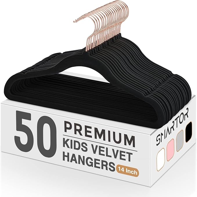 Smartor Kids Velvet Hangers 50 Pack, 14 Inch Premium Non Slip Kids Felt Hangers for Closet, Space Saving Toddler Clothes Hanger for Youth's Childrens' Clothes (Rose Gold Hook)- Black