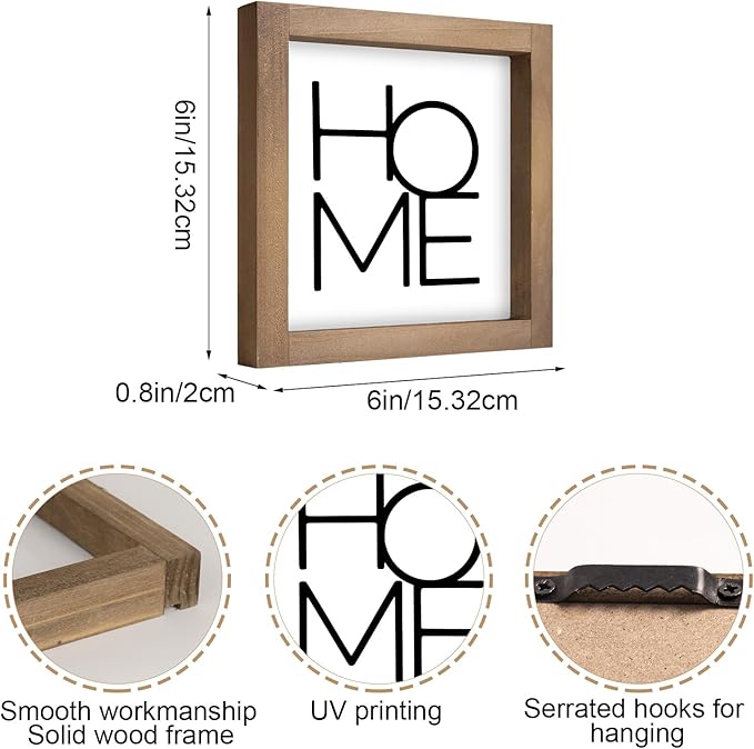6 Inch Home Sign Decor, Wooden Family Room Wall Decor for House Art, Indoor Entryway Shelf Table Tiered Tray Mantel Rustic Farmhouse Decoration
