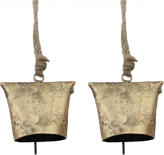 Rustic Iron Wall Accent – Set of 2, Handmade Metal Hanging Décor with Rope for Indoor & Outdoor Use (Golden Dome Bell, 3" 3")