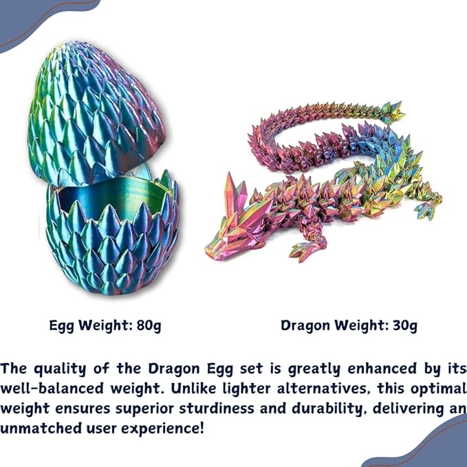 POIVOCF 3D Printed 12” Articulated Crystal Dragon Inside 5.1” Egg – Fantasy Collectible, Fidget Toy & Stocking Easter Basket Stuffers for Home & Office Decor (Multicolor).