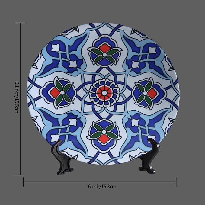 Turkish Decorative Plates, 8 Inch, MidnightBlue Round Display Plate, Handmade Ceramic Ornament, for Kitchen Living Room Office Countertop Decor