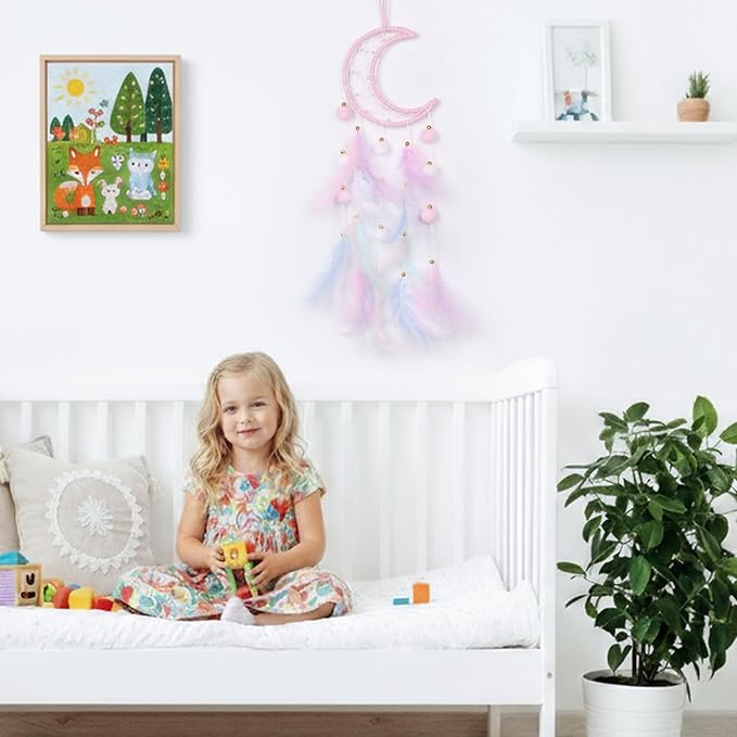 Pretty Jolly Pink Moon Kids Dream Catcher Wall Decor Pompom Feather Baby Dreamcatcher Handmade Children Dream Catcher Home Décor Wall Hanging for Nursery Bedroom Boys Girls Birthday Gift-25.6in