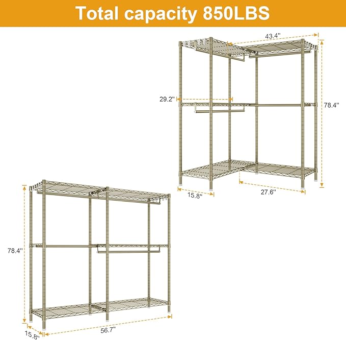 E15 Garment Rack L Shaped Clothes Rack for Corner，Freestanding Clothing Racks for Hanging Clothes，Heavy Duty Closet Organizer with 4 Hanging Rods & 8 S Hooks，43.4" W x 15.8" D x 78.4" H，Gold