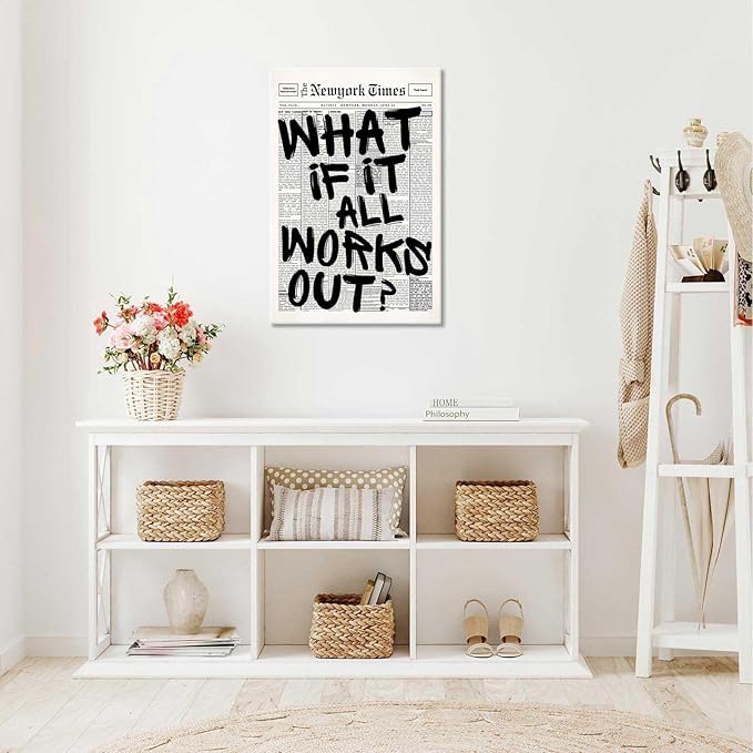 Drimiler Retro Black And White Newspaper Poster What If It All Works Out Canvas Wall Art Positive Affirming Quote Minimalist Prints Painting For Home Bedroom Dorm Wall Decor 8x12in Wframed
