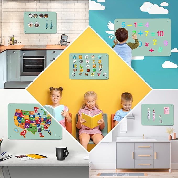 Green 2Pack Magnetic Board,17.5" x 11.4" Magnet Bulletin Board to Display Magnetic Notes, Poetry, Photos, Suitable for Wall, Refrigerator, Cabinet etc, Come with 4 Pcs Dual Lock Tape and Screws
