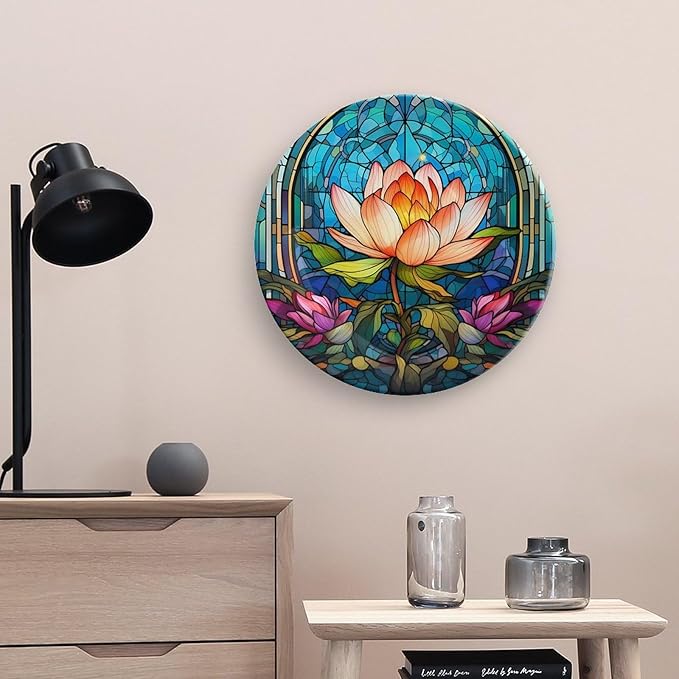 Decorative Plates for Wall Hanging, Water Lily Blue Stained Glass Print Ceramic Plate w/Display Stand, Home Decor for Kitchen Cabinets, Farmhouse Round Tray 10 Inch, Gift for Lotus Lover