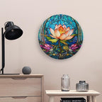 Decorative Plates for Wall Hanging, Water Lily Blue Stained Glass Print Ceramic Plate w/Display Stand, Home Decor for Kitchen Cabinets, Farmhouse Round Tray 10 Inch, Gift for Lotus Lover