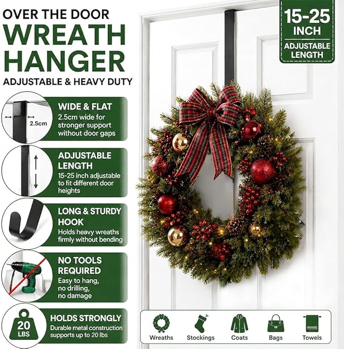 HappyFiller Wreath Hanger for Front Door, 15-25" Adjustable Heavy Duty Metal Hook Holds up to 20 lbs, Large Over the Door Wreath Holder for Christmas, Fall, Halloween Decorations & Home Decor (Black)
