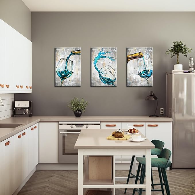Conipit Teal Grey Wall Art Canvas For Kitchen Dining Room Wine Glass Pictures Artwork Still Life Paintings 16"x24"x3pcs Framed for Restaurant Ready to Hang