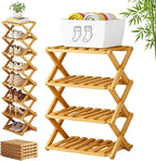 The 9-Tier No-Assembly Bamboo Rack, 3-9 Tiers Bamboo Shoe Rack, Foldable Bamboo Vertical Shoe Organizer, Multifunctional & Space-Saving, For Entryway, Closet, Corner, Bedroom, Hallway (Wood, 4Tiers)