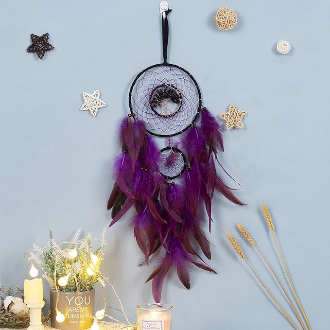 Dream Catcher, Handmade Dreamcatcher with Healing Crystal Stone, Tree of Life Dream Catchers Hanging Ornament for Home Bedroom Birthday Party, Perfect Craft Gift for Kids… (Purple)