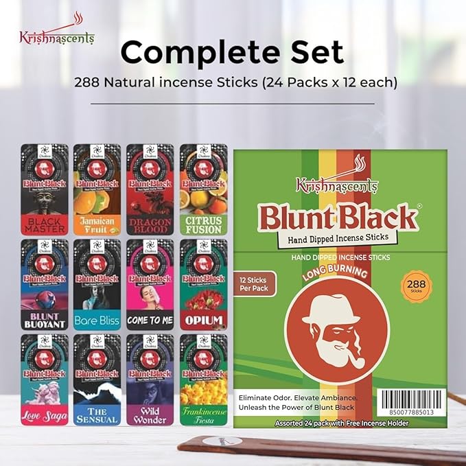 Blunt Black Hand-Dipped Incense Sticks | Premium 24 Assorted Packs - 288 Sticks, 11" Long | Aromatherapy with Long Burn Time | Free Wooden Stick Holder (Scents May Vary)
