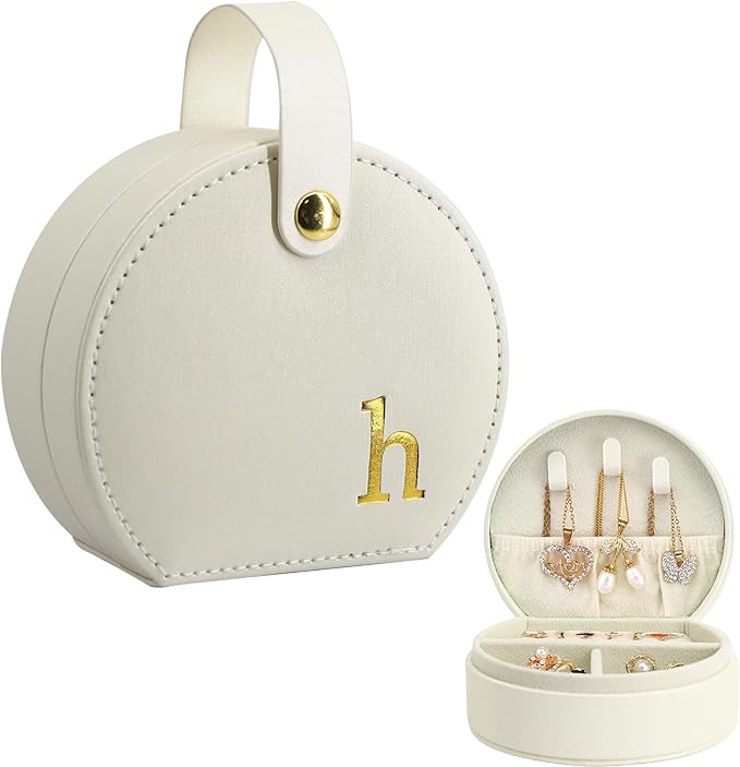 COLLECTIVE HOME - Travel Jewelry Case, Elegant Half-Moon Design with Gold Monogram, Detachable Handle, Personalized Accessory Organizer, Gift for Fashion-Forward Women and Teens (h)