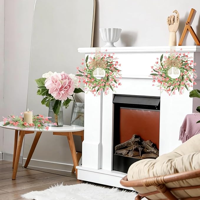 6 PCS Artificial Spring Summer Swag Wreaths Mini Pink Forsythia Lavender Kitchen Cabinet Wreath Small Floral Hanging Flowers Wreaths for Front Door Wedding Farmhouse Porch Wall Window Tabletop Decor