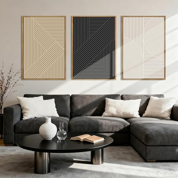 BINCUE Neutral Abstract Wall Art Mid Century Modern Wall Paintings Boho Artwork Geometric Wall Pictures Abstract Black Wall Decor Modern Neutral Art Prints for Living Room Bedroom Bathroom Office 16x24 Inch 3 Piece