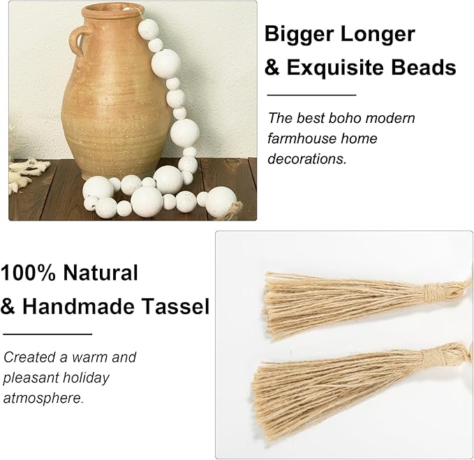 2" Extra Large Wood Bead Garland with Tassels, 50" Long Rustic Farmhouse Wooden Beads Garland, Decorative Beads Boho Decorations for Home Table Mantle White
