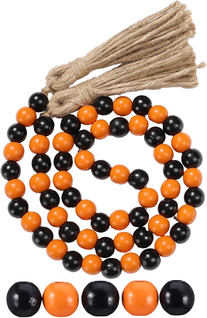 Equsion Seasonal Wooden Bead Garland with Tassels, 3.3 ft Holiday Vintage Boho Bead Garland Easter Tray Decoration, Vase Wall Room Art Birthday Party Decoration(Black, Orange)