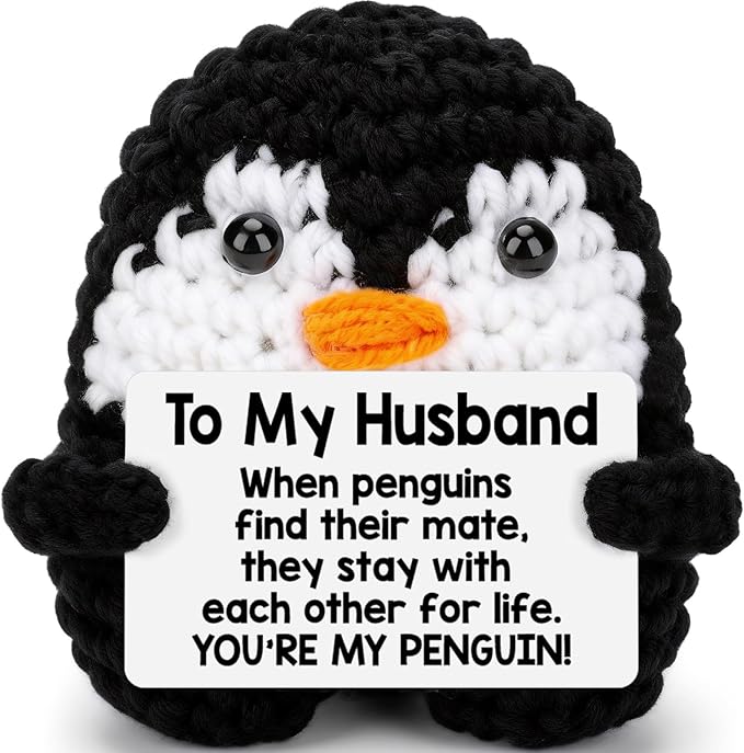 Birthday Gifts for Him Husband from Wife, To My Husband Funny Gifts Handmade Crochet Mini Funny Penguin, Romantic Wedding Anniversary Valentine Gift for Men, Small Cute Love Sign Decor Easter