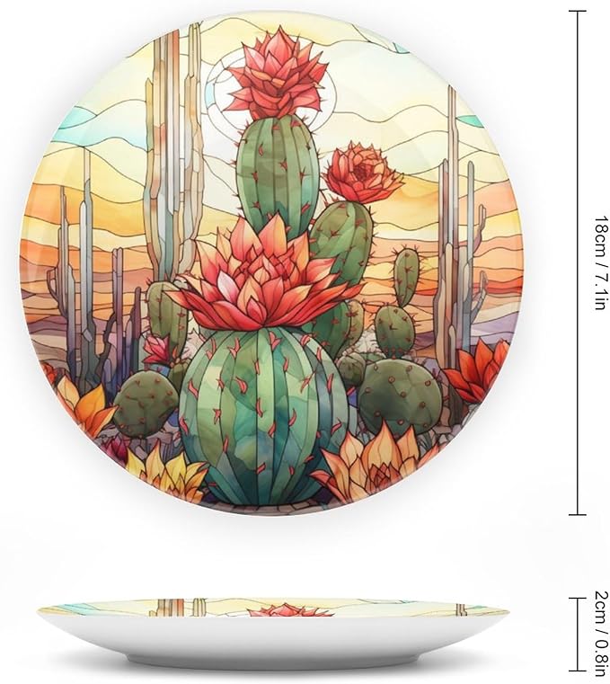 Cactus & Colorful Sky Stained Glass Design Decorative Plates Home Decor Ceramic Plates, Dinner Plates Display for Living Room, Kitchen, Hallway Console Side Table, Presents for Cactus Lover, 7 Inch