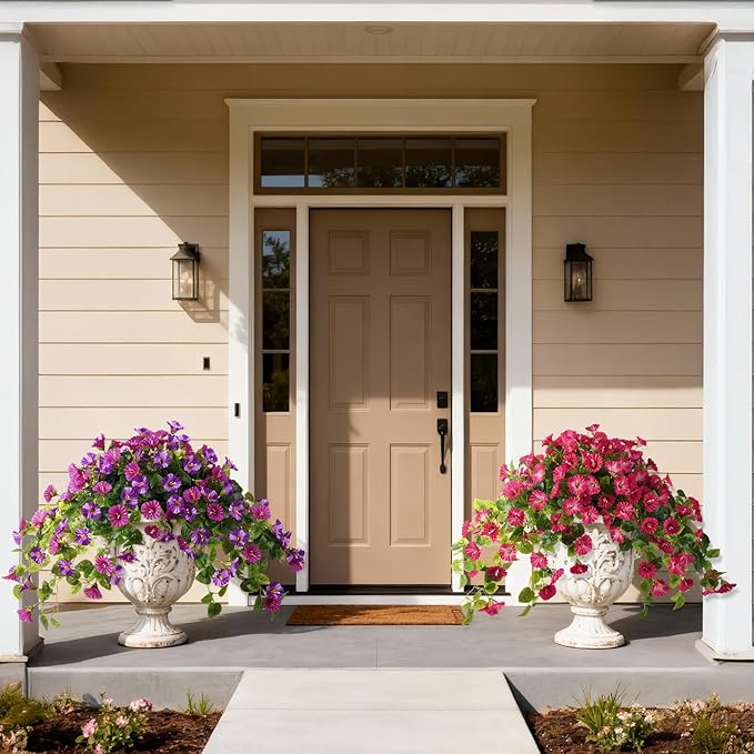 Homusnny Artificial Hanging Fake Flowers with Basket Plants Spring and Summer Outdoor Decoration, Faux Silk Flower UV Resistant Morning Glory for Home Porch Patio Garden Balcony Yard etc.(Red)