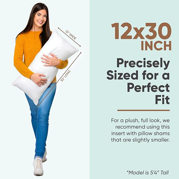 Pillowflex Synthetic Down Pillow Insert - 12x30 Down Alternative Pillow, Ultra Soft, Large Rectangle Body Sleeping Pillow, Lumbar, Long, Back - 1 Decorative Pillow Form