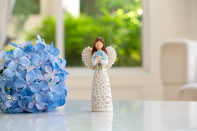 Decorative Angel Figurine with Forget-Me-Not Bouquet, White Dress with Leaf Pattern, Tree of Life Design - Collectible Sculpture for Mom Gifts, Forget Me Not Gifts for Women(Blue Flower)