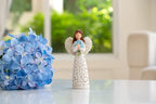 Decorative Angel Figurine with Forget-Me-Not Bouquet, White Dress with Leaf Pattern, Tree of Life Design - Collectible Sculpture for Mom Gifts, Forget Me Not Gifts for Women(Blue Flower)