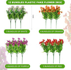 12 Bundles Artificial Flowers,Faux Plants for Spring Summer Decoration, UV Resistant Colorful Violets Eucalyptus for Outside Home Planter Porch Patio Yard Décor