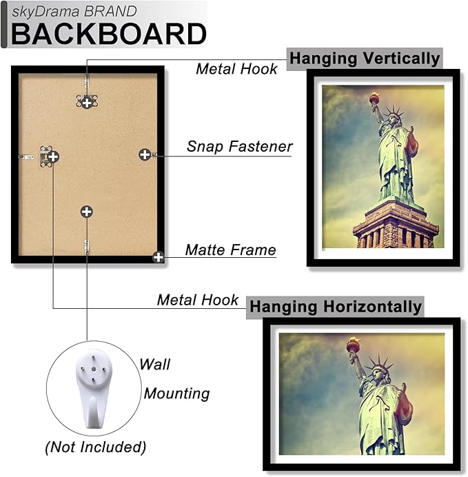 100% Solid Wood 11x17 Picture Frame Set of 2, Black Frame Display Photo 8 x 12 with Mat or 11 x 17 without Mat, 11by17 HQ Matte Black Frame for Wall - 2 Pack/Black/11 x17