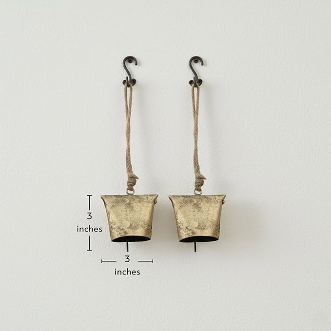 Rustic Iron Wall Accent – Set of 2, Handmade Metal Hanging Décor with Rope for Indoor & Outdoor Use (Golden Dome Bell, 3" 3")