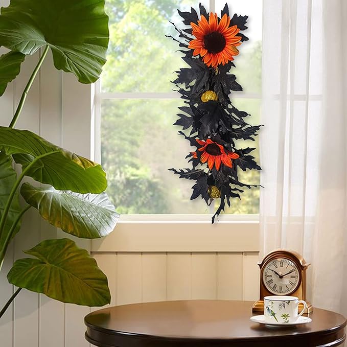 Artificial Rose Flower Swag,Artificial Sunflower Swag, 24 Inch Decorative Swag with Pumpkins Berries and Black Leaves for Halloween Home Front Door Lintel Wedding Arch Party Tabletop Wall Decor(#1)