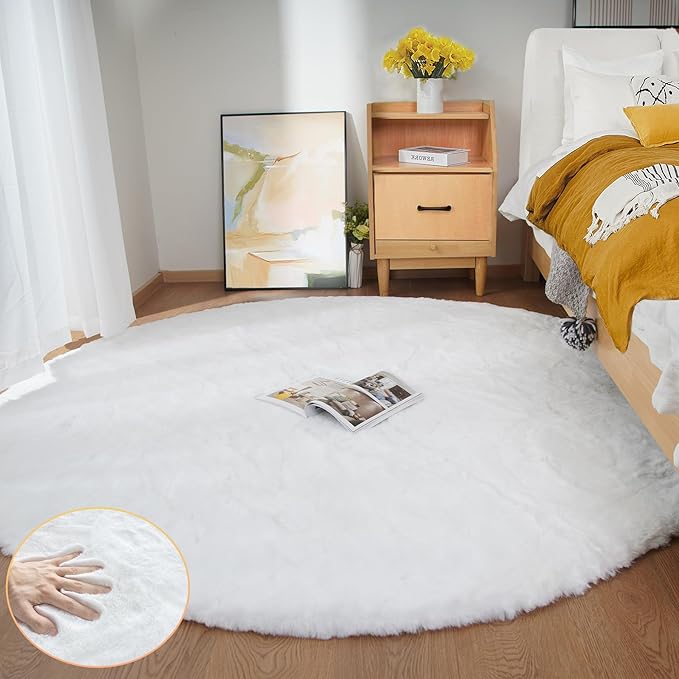 White Shag Round Rugs 8ft for Dining Room Table Faux Bunny Machine Washable Fur Area Rugs for Bedroom Living Room Nursery Circle Rug
