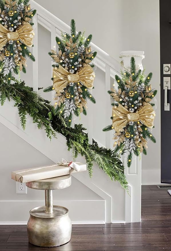 IPOPU 4PCS 24in Gold Christmas Swags Cordless Prelit Teardrop Swag, Christmas Stairs Decorations Light up Christmas Swag Wreath for Stair Window Wall Home Decor (Gold)