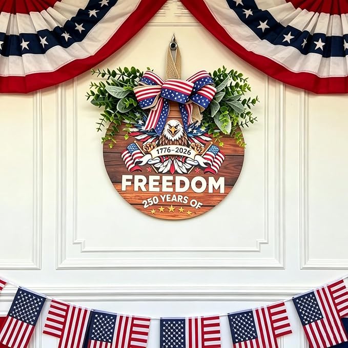 250th Anniversary Patriotic Wreath for Front Door, 250 Years of Freedom Wooden Door Sign, 4th of July Decorations Outdoor & Memorial Day Decor for Home (Color-Freedom2)