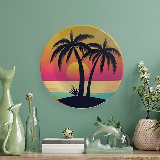 Coconut Trees Theme Decorative Ceramic Plate Round Porcelain Plate,10 inch,Sunset Pattern,for Decorative Ornaments Giving Plates,1 Plate with 1 Display Stand,Orange Pink