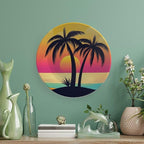 Coconut Trees Theme Decorative Ceramic Plate Round Porcelain Plate,8 inch,Sunset Pattern,for Decorative Ornaments Giving Plates,1 Plate with 1 Display Stand,Orange Pink