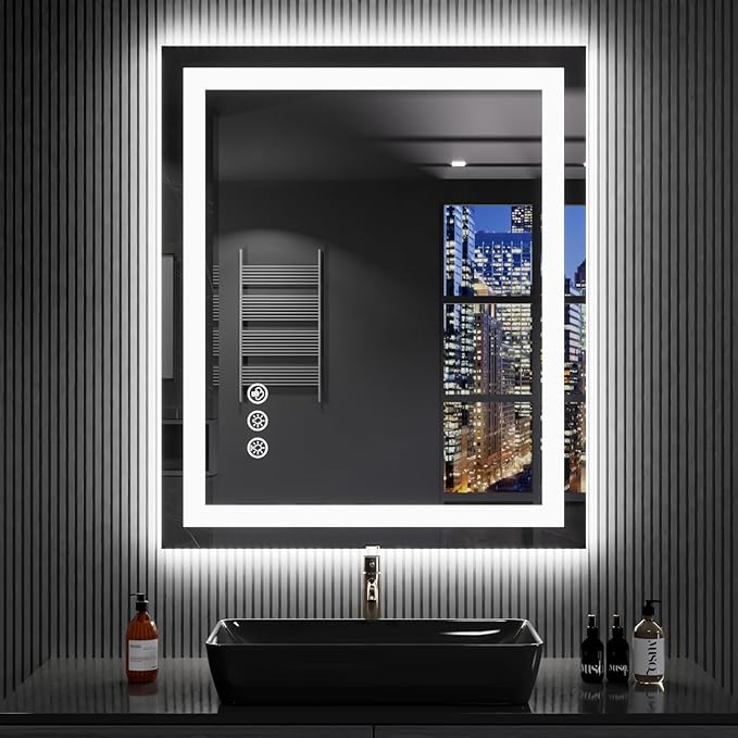 LOAAO 24"X32" LED Bathroom Mirror with Lights, Anti-Fog, Dimmable, RGB Backlit + Front Lighted, Bathroom Vanity Mirror for Wall, Memory Function, Shatter-Proof, Tempered Glass