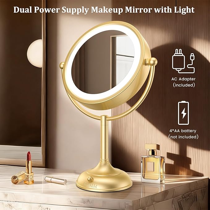 VESAUR 8.5'' Large Gold Lighted Makeup Mirror, 1X/10X Clear Seamless Magnifying Mirror, Bright Vanity Mirror with 3 Colors Dimmable Lights, Two-Sided 360°Rotation Stable Base, Luxury Nickel, Gift Box