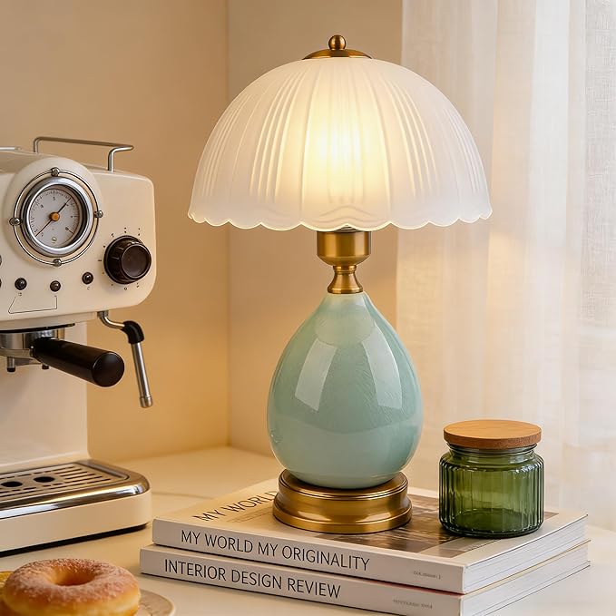 Table Lamps Ceramic Retro Lamp for Living Room,16.73" Modern Bedside Nightstand Traditional Lamps, Classic Chinoiserie Green Glass Lamp for Home (French Country)