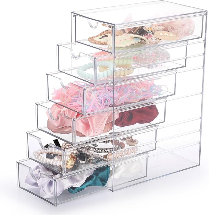 Hipiwe Plastic Drawer Organizer Clear Desktop Drawers Box with 6 Pull Out Drawer Compact Storage Box for Cabinet Vanity Bathroom Bedroom Pantry Shelf Office Closet Organization