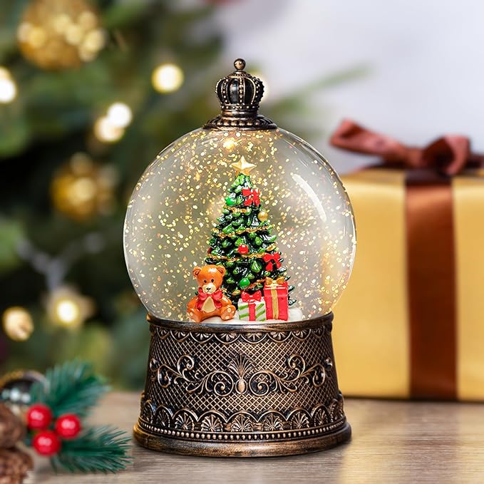 Christmas Snow Globes Lantern with Music, Christmas Tree Snow Globes with Swirling Glitter Effects, USB/Battery Powered with 6-Hour Timer, Holiday Decorations Indoor