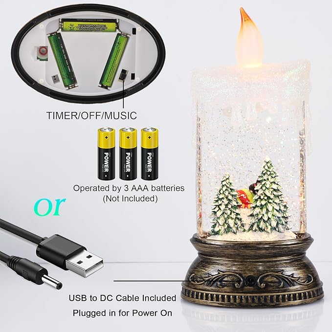 Christmas Snow Globe Candle with Timer & Music, Snowman Family Scene, Swirling Glittering Candle Shaped Snow Lantern, USB/Battery Operated Lighted Lantern for Christmas Decoration