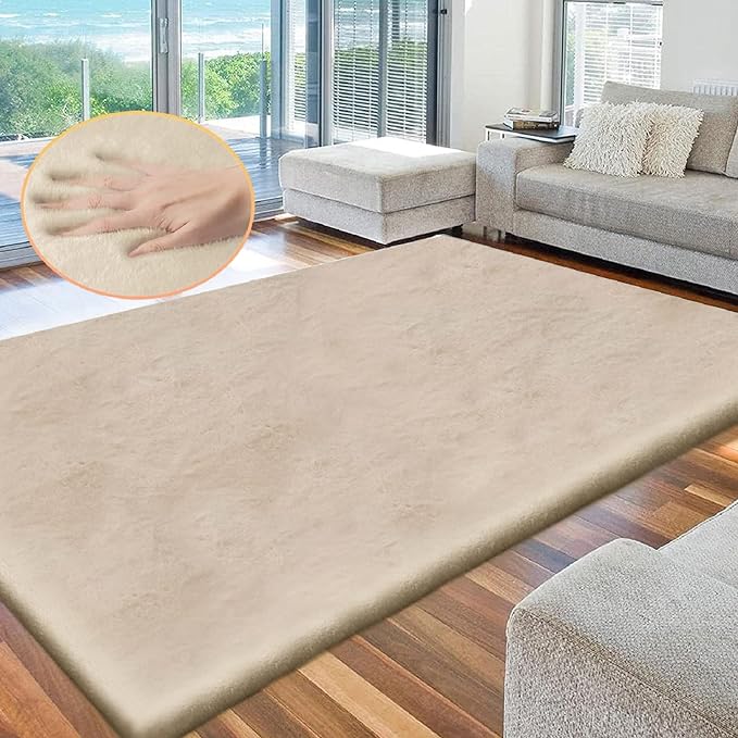 Washable Area Rug 6x9 Rugs for Living Room Camel Plush Faux Bunny Fluffy Fur Rugs for Bedroom Large Shag Nursery Rugs
