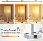 aooshine Touch Bedside Table Lamp Set of 2-3-Way Dimmable Night Lamp with USB A + Type C Charging Ports and Two AC Outlets, Small Desk Light with E26 LED Bulb for Bedroom Living Room Dorm Office