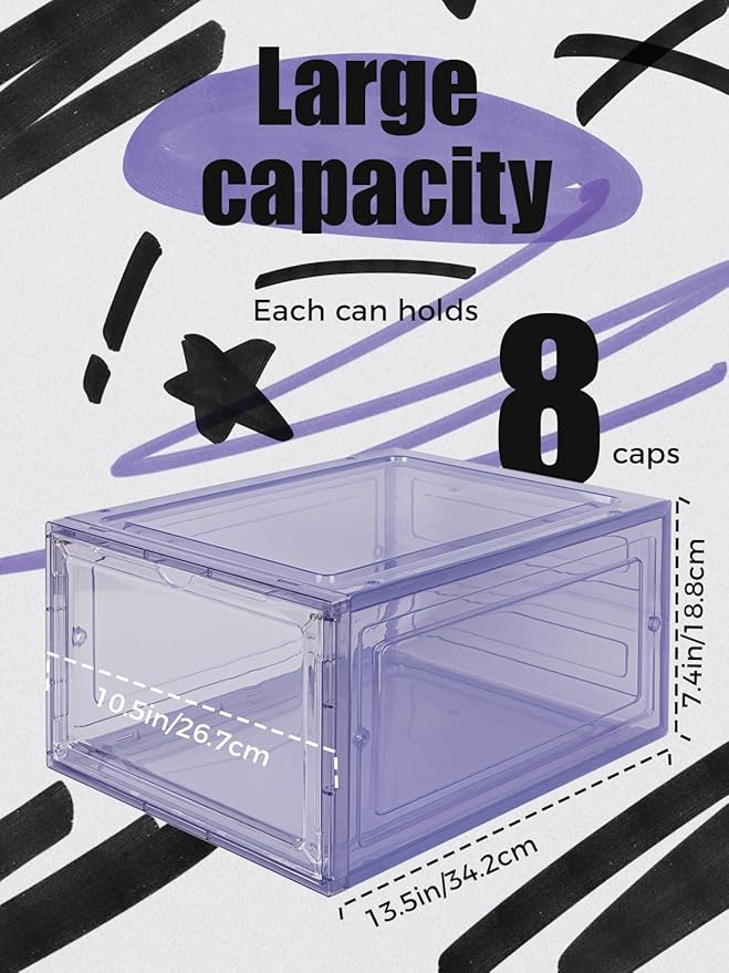 6 Pack Hat Organizer Box, Stackable Clear Baseball Caps Holder Box Containers with Magnetic Door for Hats Snapback Cap Storag, Hat Rack Display Case, Holds 8 Hats Each (Purple)