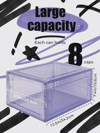 6 Pack Hat Organizer Box, Stackable Clear Baseball Caps Holder Box Containers with Magnetic Door for Hats Snapback Cap Storag, Hat Rack Display Case, Holds 8 Hats Each (Purple)