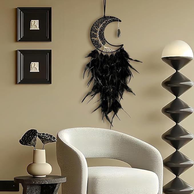 Moon Dream Catchers with Chakra Gemstone Agate Stone, Crystal Tree Life Dream Catchers Wall Hangings Room Decor (Black)