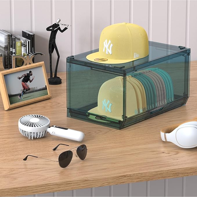 2 Pack Large Hat Organizer Box, Stackable Clear Baseball Caps Holder Box Containers with Sliding Door for Hats Snapback Cap Storag, Hat Rack Display Case, Holds 20 Hats Each -Blue